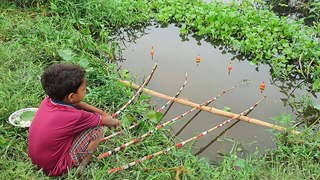 Amazing Unique Hook Fishing Technique Form Pond  Village Boy Hunting Big Fish By Hook in Pond #fish